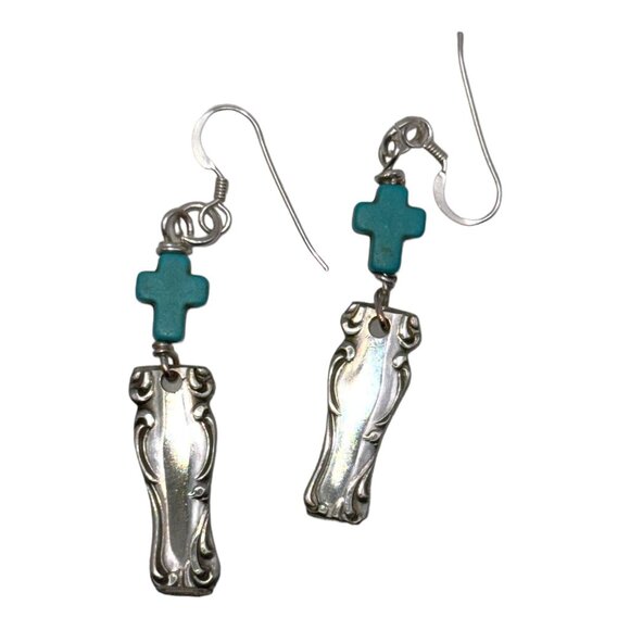 Vintage Spoon Handle Earrings With Turquoise Cross Accents & Silver Hooks - Picture 3 of 10